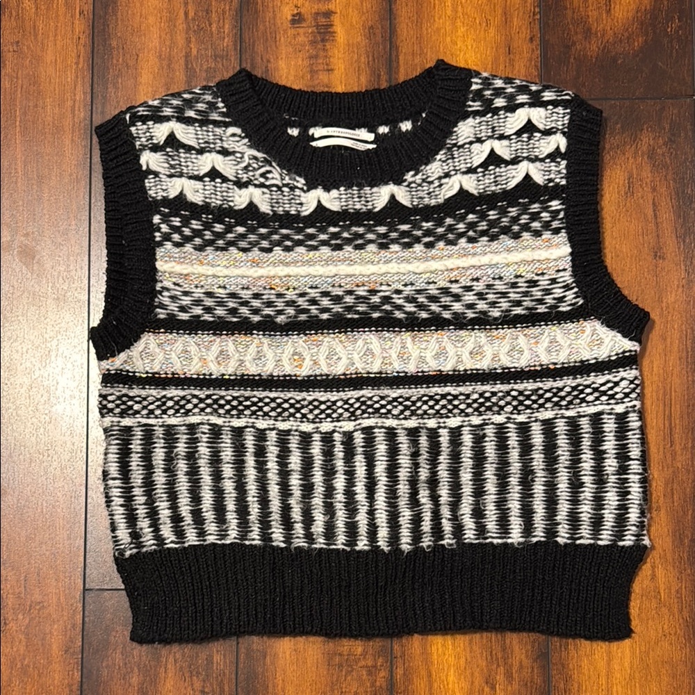Anthropologie Black and White Crew Neck Sweater with Nordic Patterns